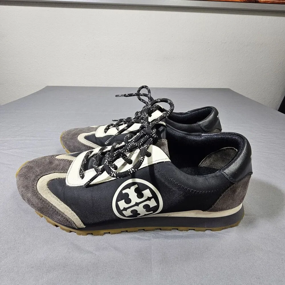 Tory Burch Annie Nylon Runner Sneakers Womens 8 M Black Grey Suede Double T Logo